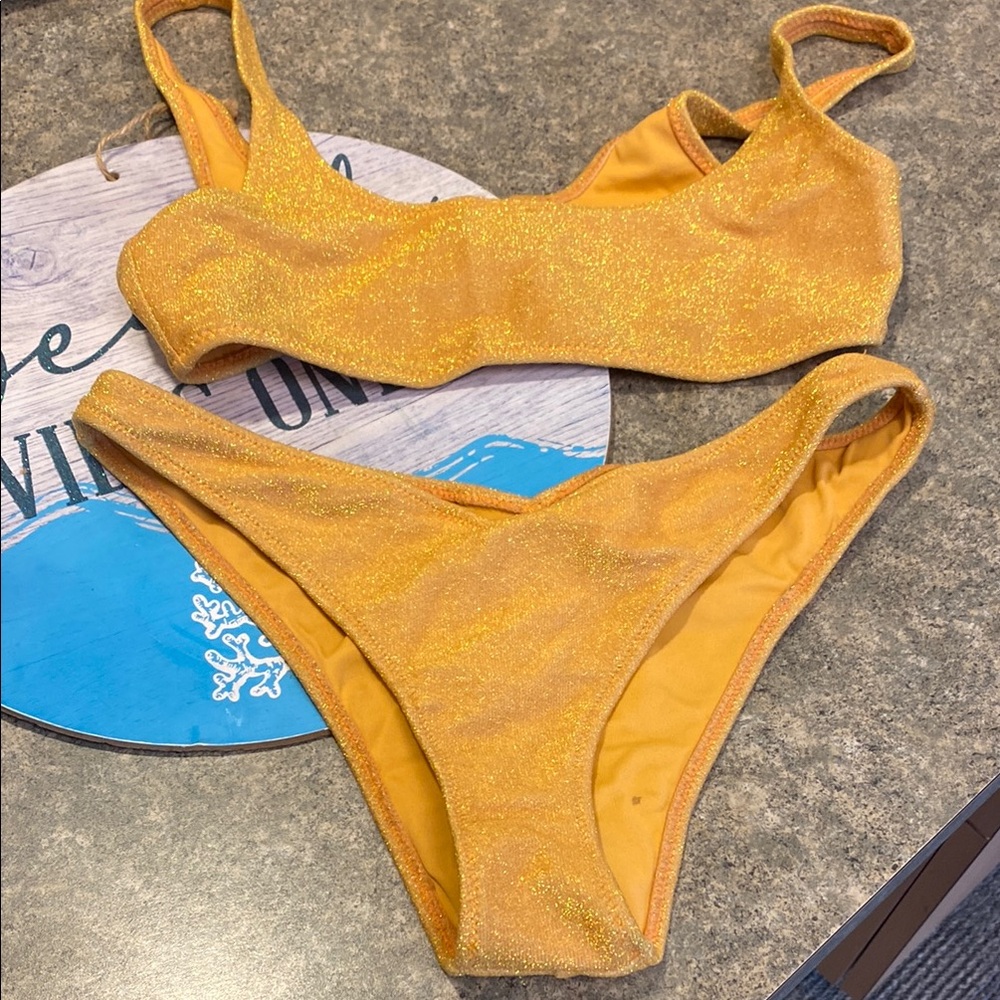 Kendall & Kylie Vibrant Gold Sparkling Cheeky Bikini Small